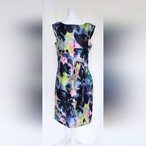 Tahari ASL Abstract Watercolor Art Sheath Dress Blue Pink Size 6